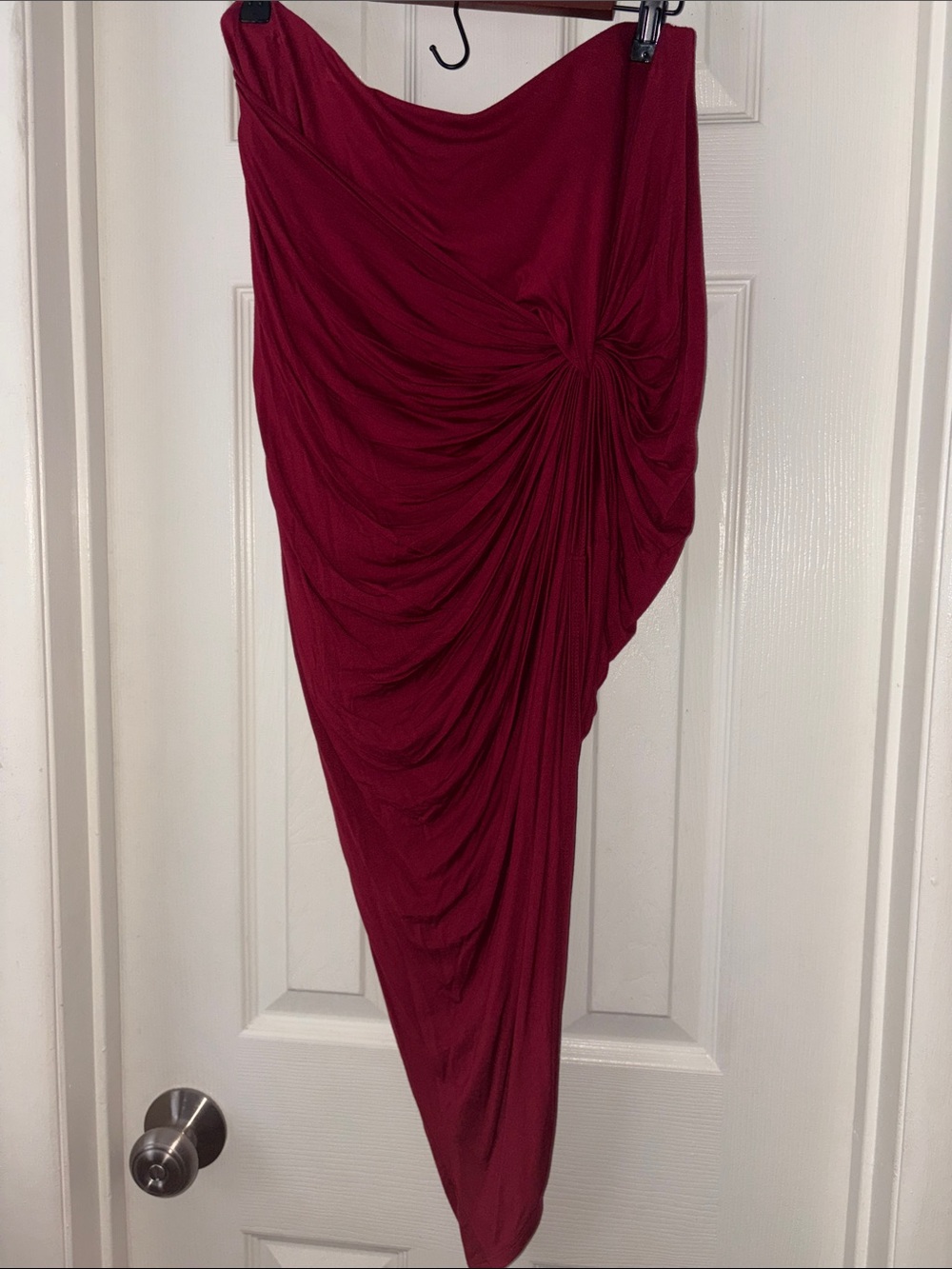 Asymmetric Ruched Wine-Red Women’s midi Skirt